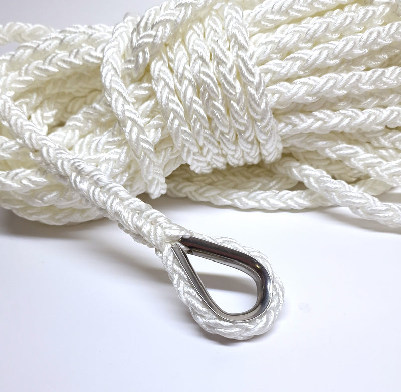 8 Strand Nylon Stainless Thimble Spliced Anchor Mooring Rope 10mm - 16mm White